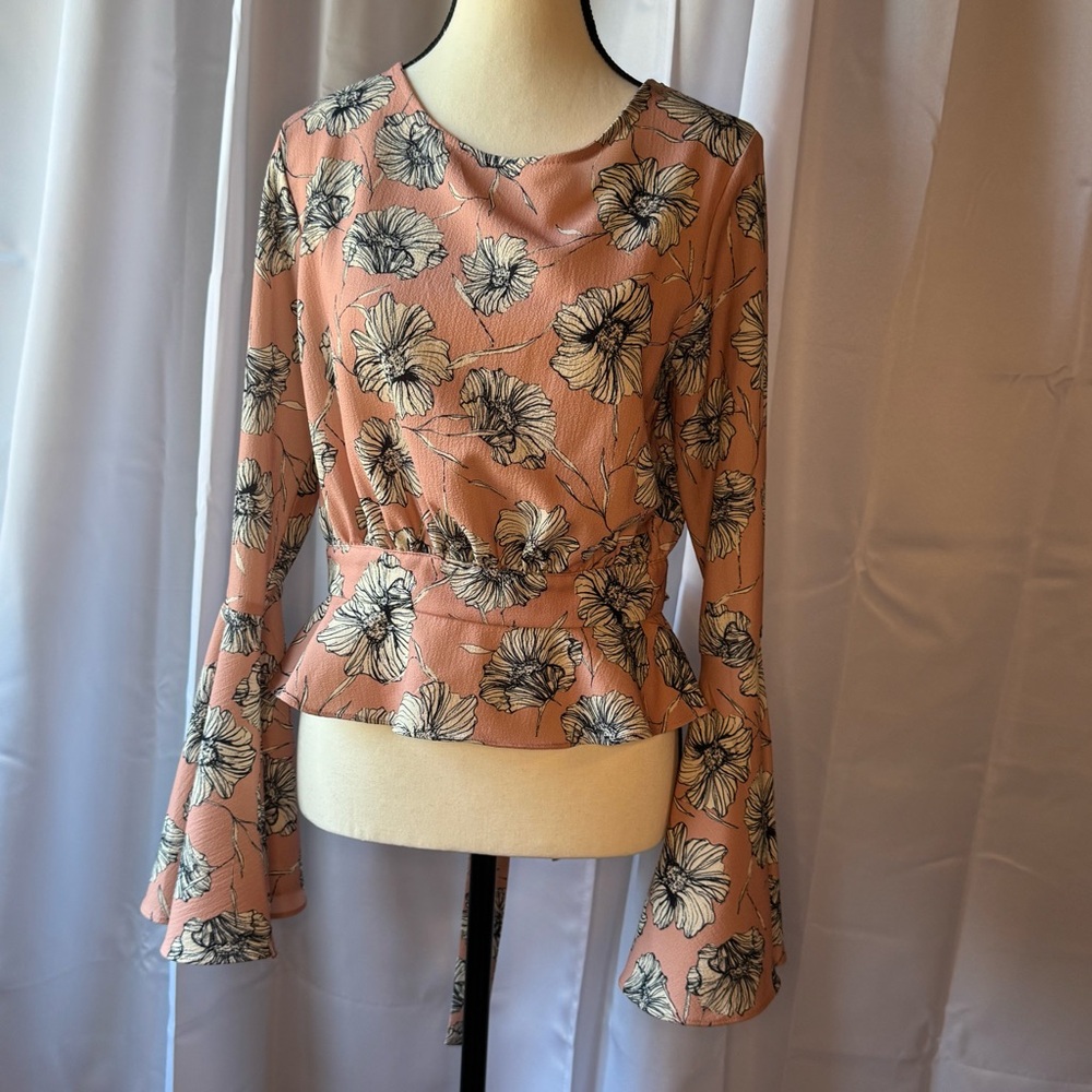 Floral Pink and Navy Blouse  with Bell Sleeves